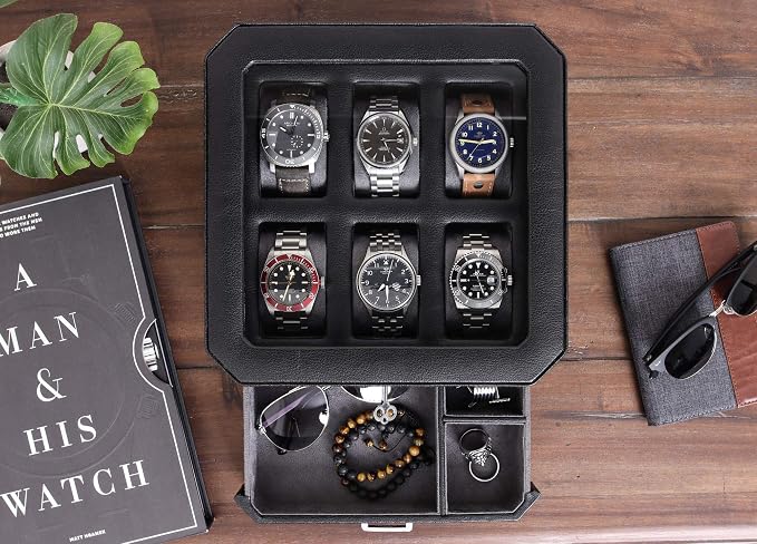ROTHWELL Gift Box with 6 Slots Leather Watch Box and 2 Watches Travel Case - Image 4