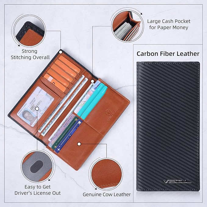 VISOUL Mens Billfold Long Checkbook Wallet Leather - Image 3