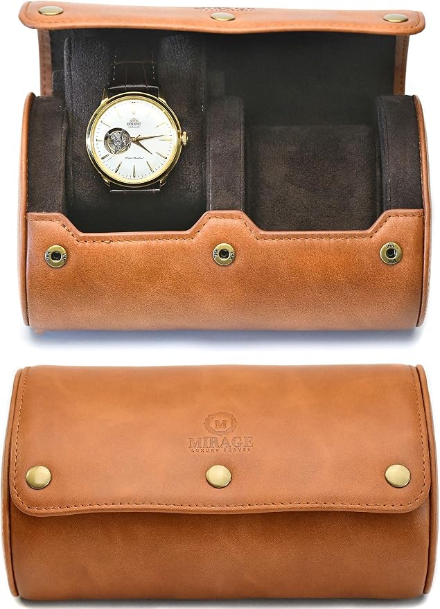 Watch Travel Case for Men 2 slot – Watch Roll – Brown Full Grain Cow Leather by MirageLuxuryTravel