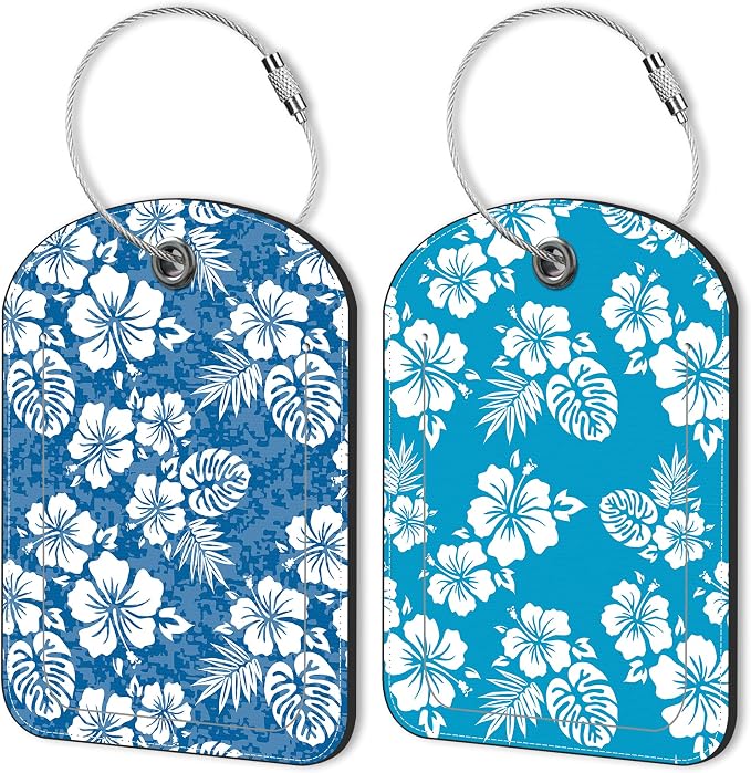 2 PCS Leather Luggage Tags for Suitcase Blue Hibiscus Travel Luggage Tag by Unknown