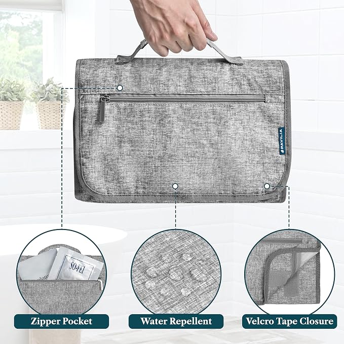 PAVILIA Hanging Toiletry Bag Women Men, Travel Kit Foldable Large Toiletries - Image 5