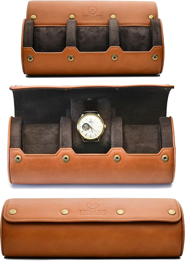 Watch Travel Case for Men – Leather Watch Roll Case Organizer – 3 Watches by MirageLuxuryTravel