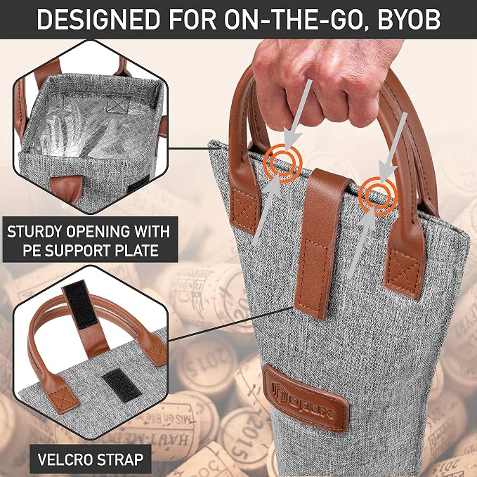 opux Wine Bag Single Bottle Carrier Tote, Insulated Travel Wine Cooler Bag - Image 4