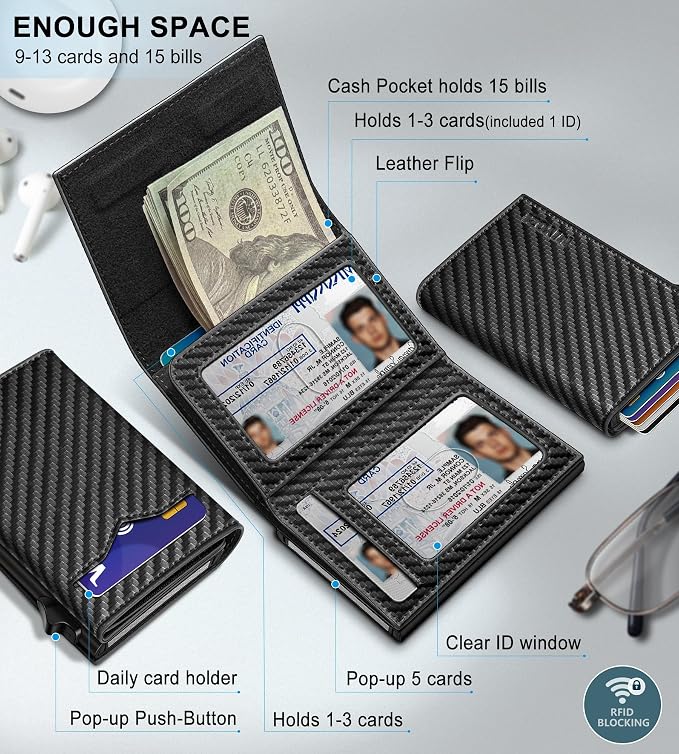 Wallet for Men, with Cash Pocket 2 ID Window 9-13 Cards, Metal Case Smart Slim - Image 2