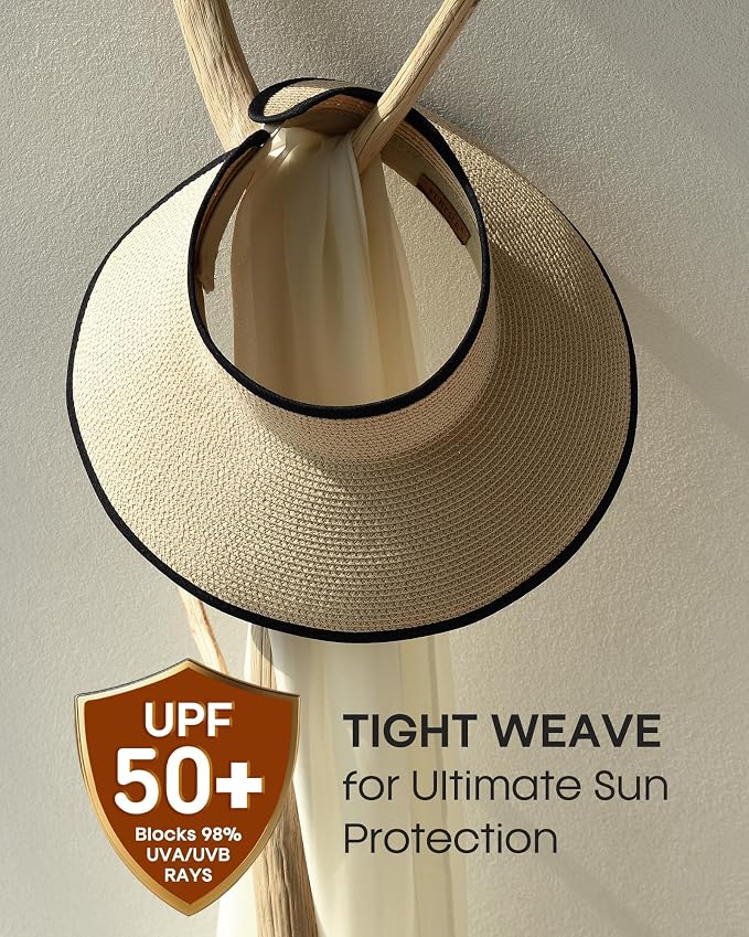Womens Sun Visor Hats Wide Brim Straw Beach Hat UV Protection Ponytail Packable - Image 4