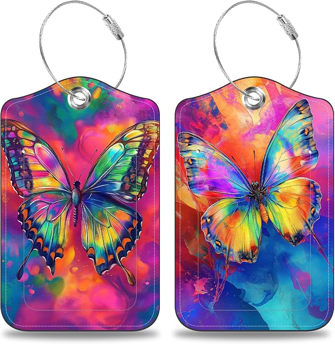 2 Pack Luggage Tags for Suitcases Colorful Butterfly Leather Luggage Tags by Unknown