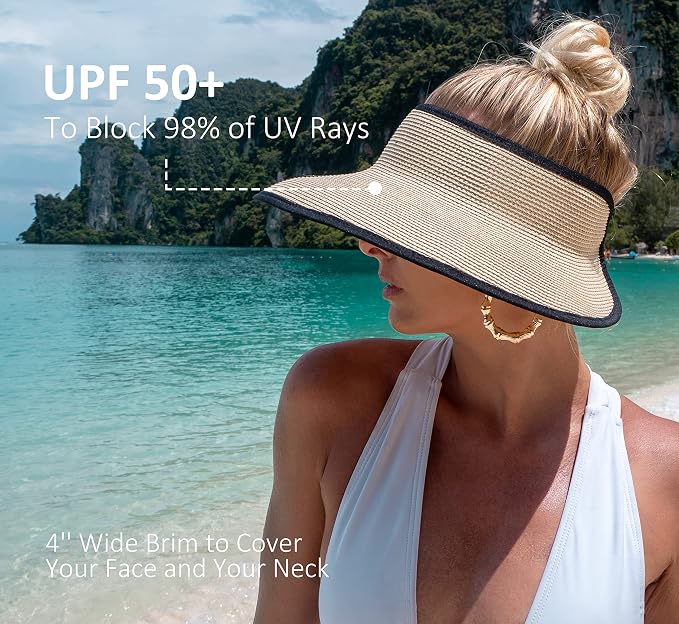 Joywant Womens Sun Visor Hats, Packable Wide Brim Ponytail Beach Hat Straw - Image 2