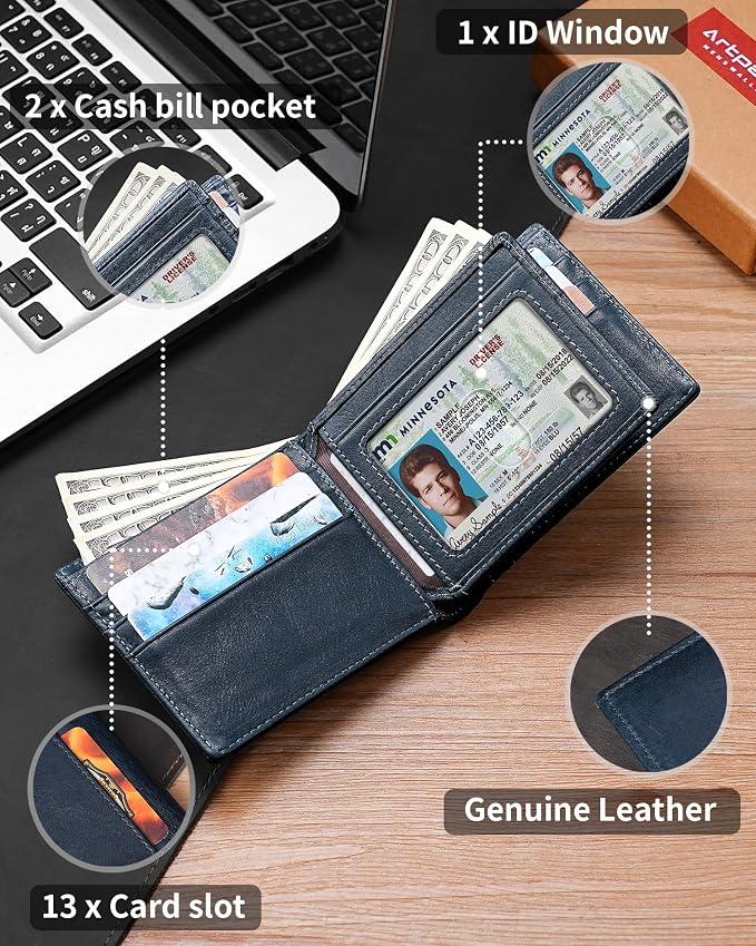 Mens Wallet Bifold Genuine Leather RFID Blocking Wallet - Image 5