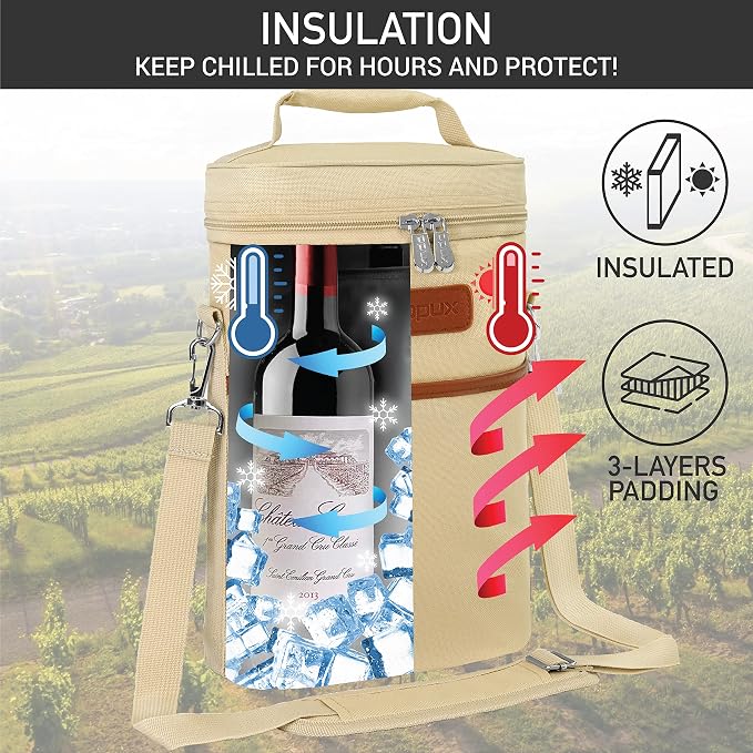 opux 2 Bottle Wine Carrier Tote, Insulated Leakproof Wine Cooler Bag, Wine - Image 2