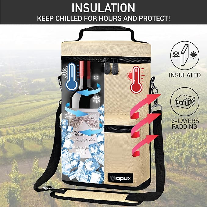 opux Wine Bag 2 Bottle Wine Tote Carrier, Insulated Wine Cooler Bag - Image 2