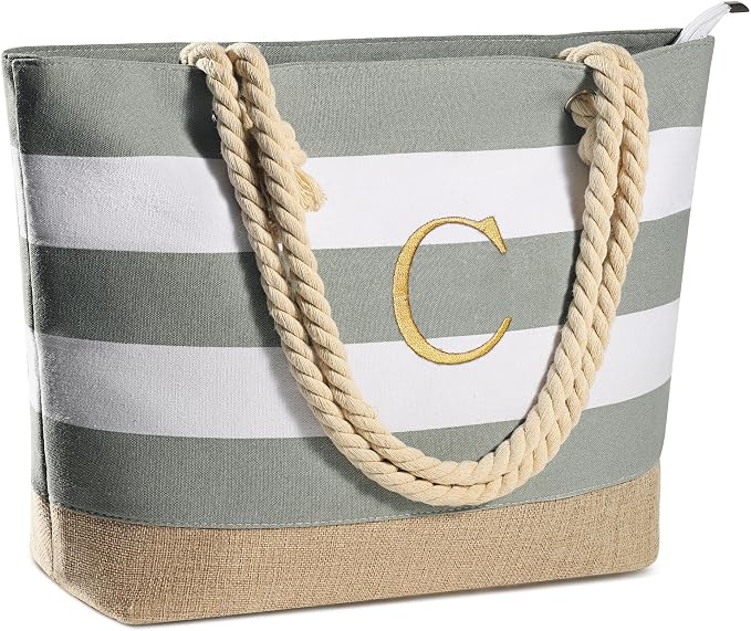YOOLIFE Initial Canvas Waterproof Beach Tote Bag Zipper Personalized Gifts by YOOLIFE