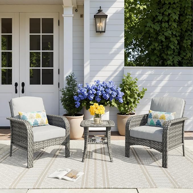 HOOOWOOO Patio Furniture Set, 3 Pieces Outdoor Conversation Set, All Weather by DesignforBetterLife