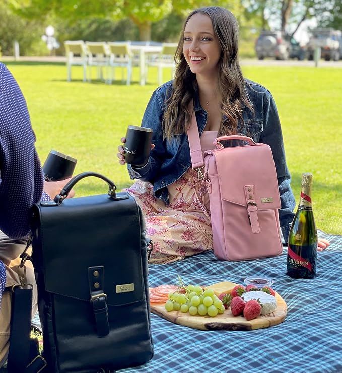 Insulated Leather Wine Bag & 2 Wine Tumblers Set. Leather Wine Bottle Carrier - Image 5