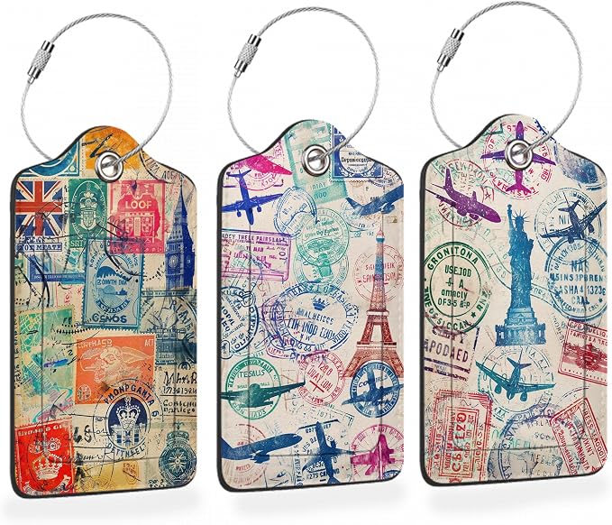 Retro Wanderlust Stamps 3 PCS PU Leather Luggage Tags by Losthll