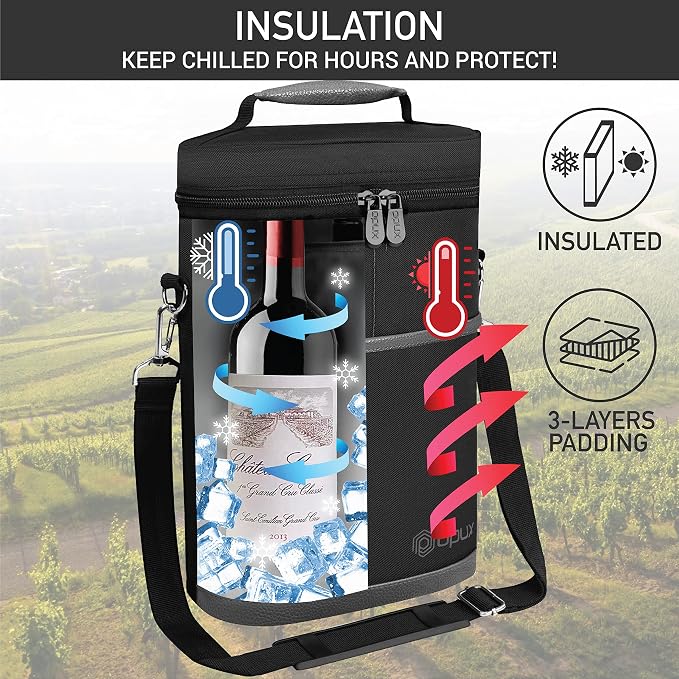 OPUX 2 Bottle Wine Carrier Tote, Insulated Leakproof Wine Cooler Bag, Wine - Image 2