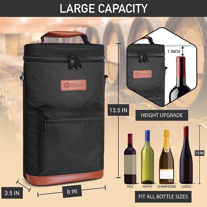 opux Wine Bag 2 Bottle Wine Tote Carrier, Insulated Wine Cooler Bag - Image 3
