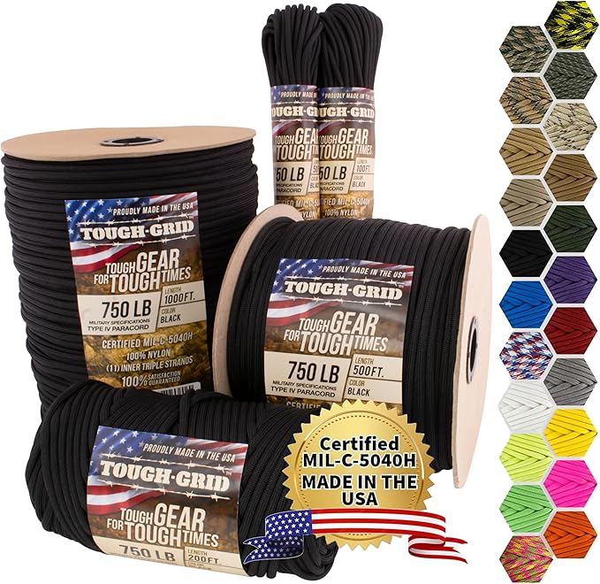 TOUGH-GRID 750 Paracord Rope Nylon Parachute Cord, Made in USA Survival Kit by TOUGH-GRID