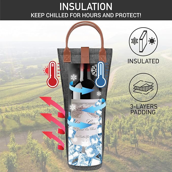 opux Wine Bag Single Bottle Carrier Tote, Insulated Travel Wine Cooler Bag - Image 2