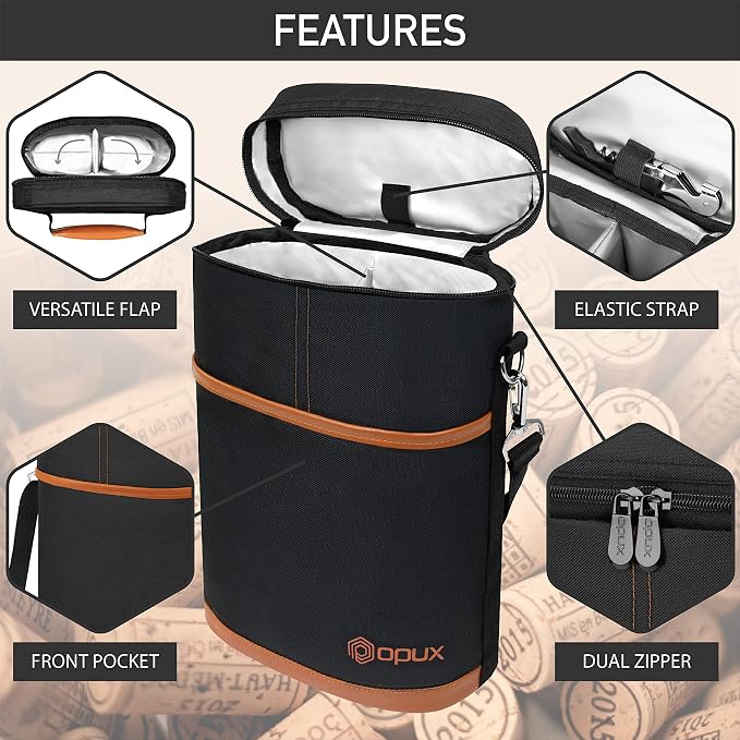 opux 2 Bottle Wine Carrier Tote, Insulated Leakproof Wine Cooler Bag, Wine - Image 4