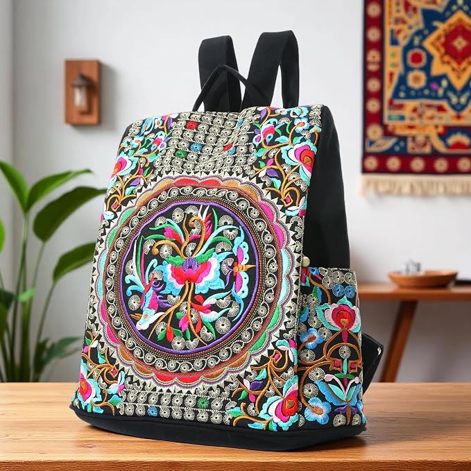 Jursccu Embroidered Women Backpack Purse, Fashion Canvas Travel Anti-theft - Image 2