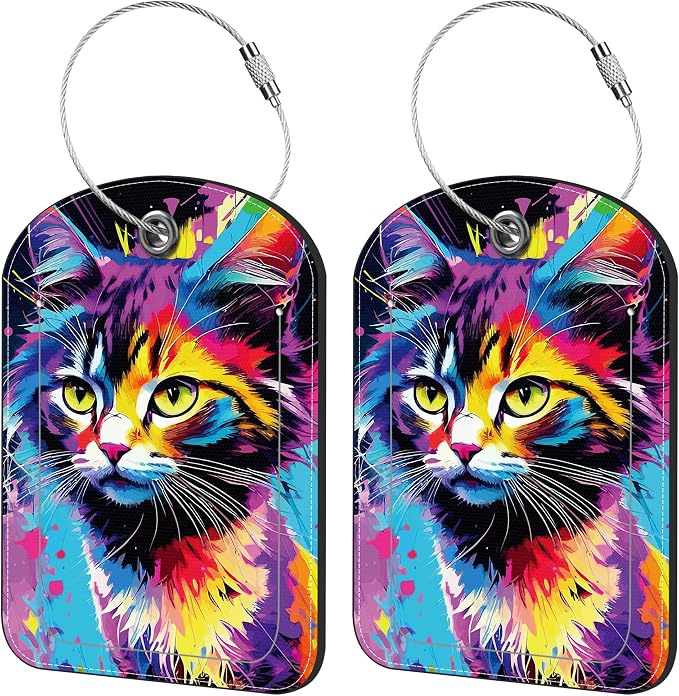 2 Pack Cute Luggage Tag for Suitcases Colorful Cat Leather Luggage Tags by iapodiad
