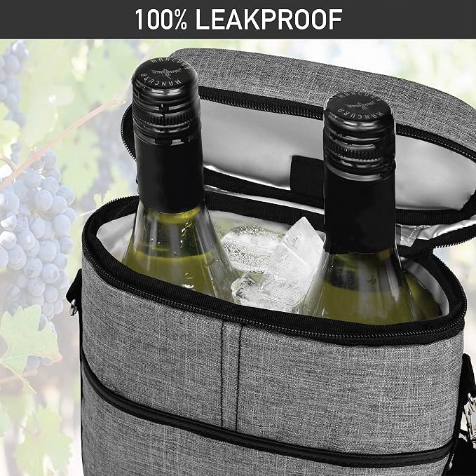opux 2 Bottle Wine Carrier Tote, Insulated Leakproof Wine Cooler Bag, Wine - Image 5
