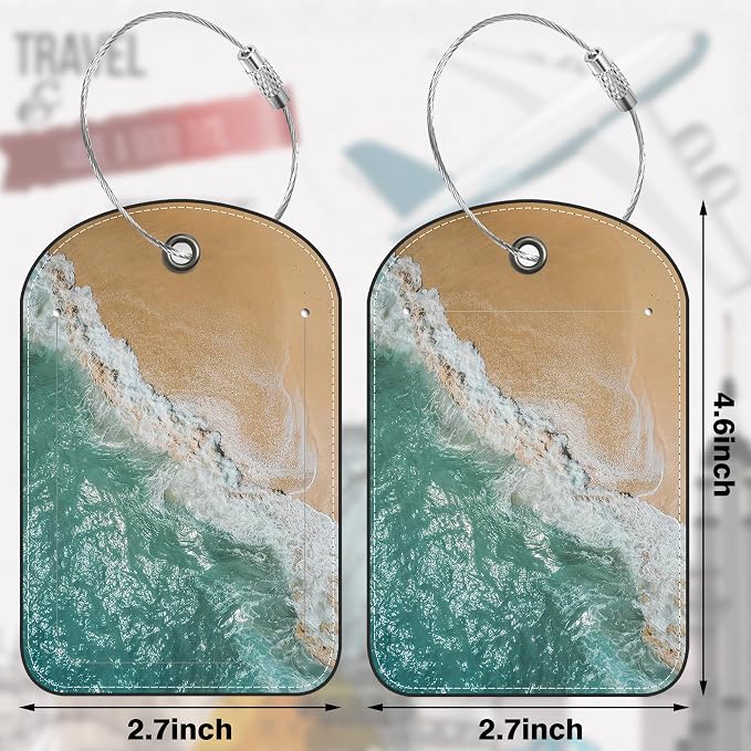 2 PCS Leather Luggage Tag for Suitcase Sea Waves and Sand Beach Scene Travel - Image 2
