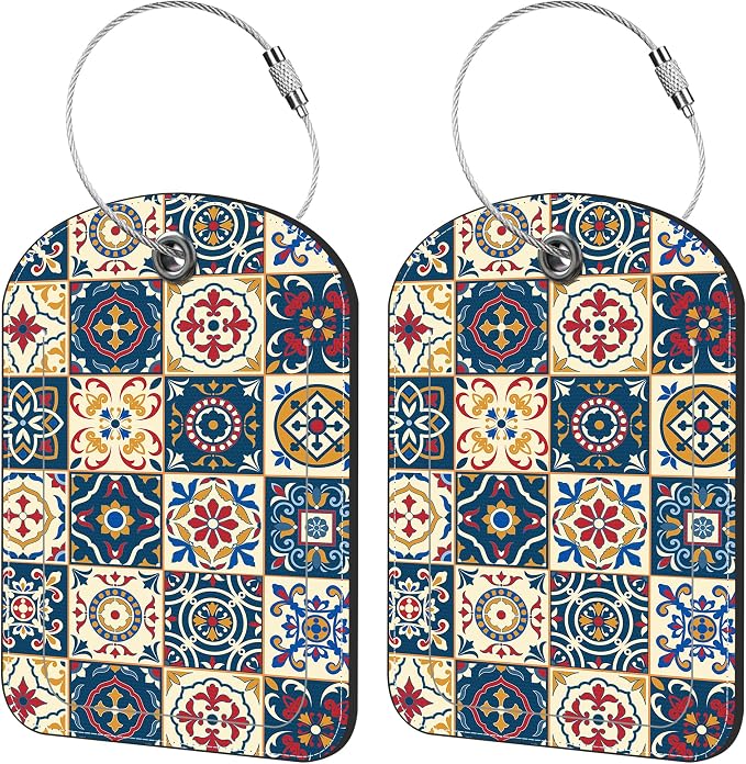 2 Pack Cute Luggage Tag for Suitcases Portuguese Tiles Leather Luggage Tags by iapodiad