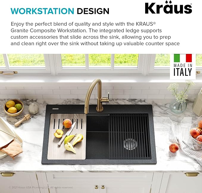 KRAUS Bellucci Workstation 33" Single Bowl Granite Kitchen Sink in Metallic - Image 4