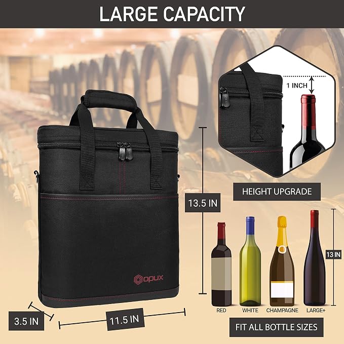 OPUX 3 Bottle Wine Carrier Tote, Insulated Leakproof Wine Cooler Bag, Wine - Image 3