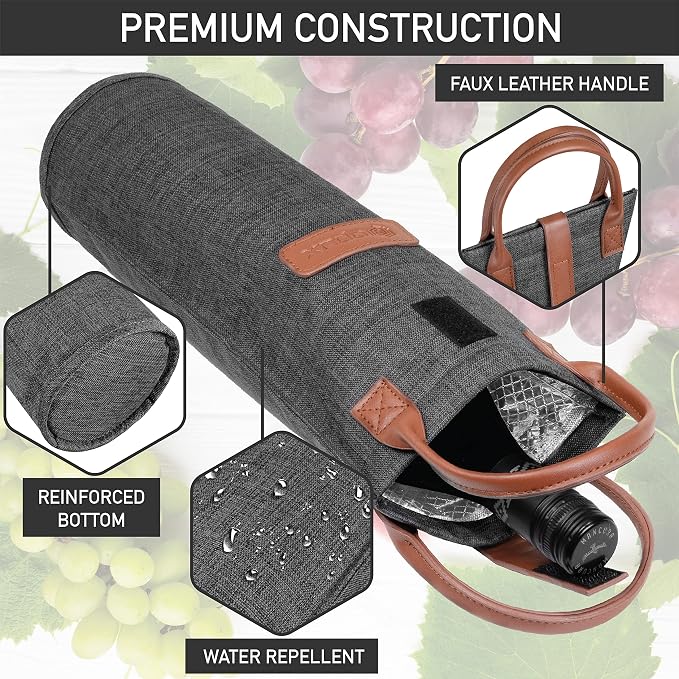 opux Wine Bag Single Bottle Carrier Tote, Insulated Travel Wine Cooler Bag - Image 5