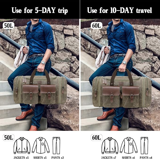 Waxed Canvas Duffle Bag for Men 50L Travel Duffel Bags Expandable Genuine - Image 3