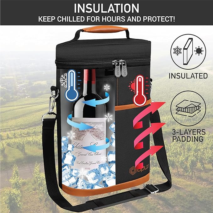 opux 2 Bottle Wine Carrier Tote, Insulated Leakproof Wine Cooler Bag, Wine - Image 2