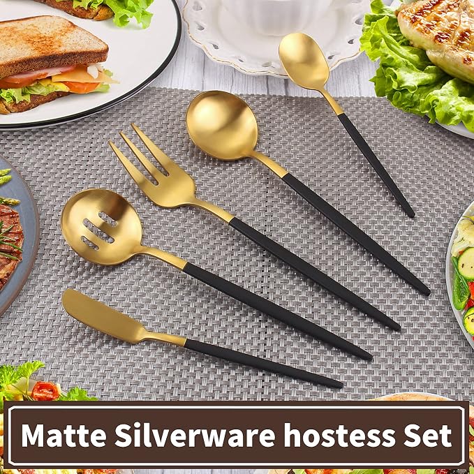Matte Black Gold Serving Silverware Set, 5-Piece Round Shared Utensils Set of - Image 5