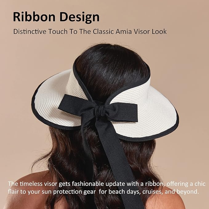 Joywant Womens Sun Visor Hats, Packable Wide Brim Ponytail Beach Hat Straw - Image 3