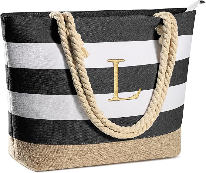 YOOLIFE Initial Canvas Waterproof Beach Tote Bag Zipper Personalized Gifts by YOOLIFE