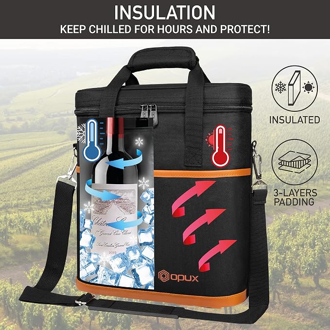 OPUX 3 Bottle Wine Carrier Tote, Insulated Leakproof Wine Cooler Bag, Wine - Image 2