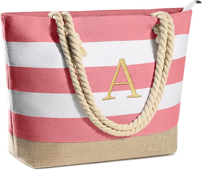YOOLIFE Initial Canvas Waterproof Beach Tote Bag Zipper Personalized Gifts by YOOLIFE