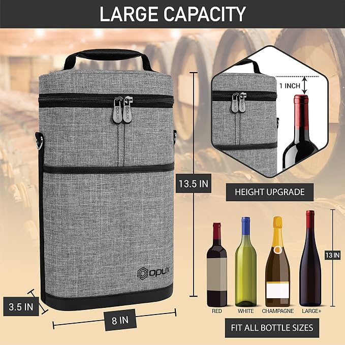 opux 2 Bottle Wine Carrier Tote, Insulated Leakproof Wine Cooler Bag, Wine - Image 3