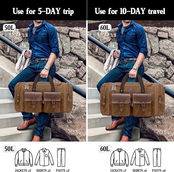 Waxed Canvas Duffle Bag for Men 50L Travel Duffel Bags Expandable Genuine - Image 3