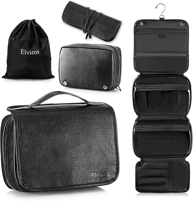 Elviros Hanging Toiletry Bag Removable Travel Bag PU leather Makeup Cosmetic by Elviros