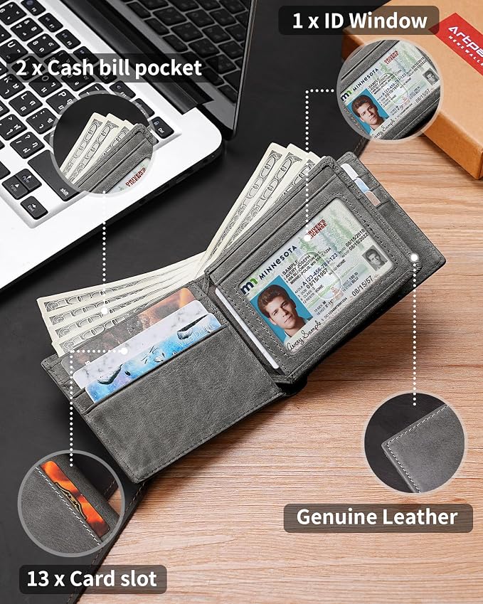 Mens Wallet Bifold Genuine Leather RFID Blocking Wallet - Image 5