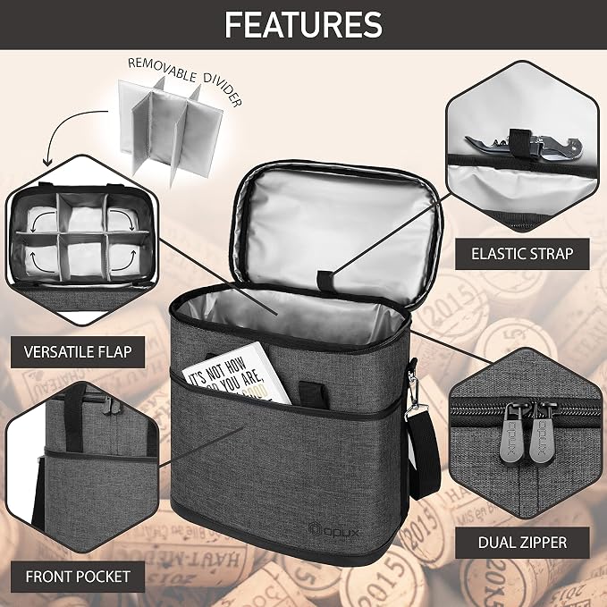 opux 6 Bottle Carrier Tote | Insulated Padded Wine Cooler Bag - Image 4