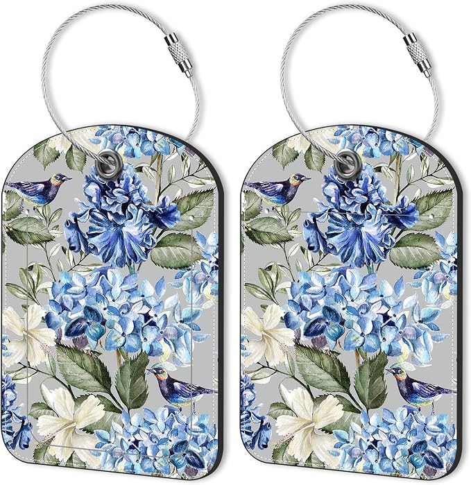 2 PCS Leather Luggage Tags for Suitcase Hibiscus Flowers Bird Travel Luggage Tag by Unknown