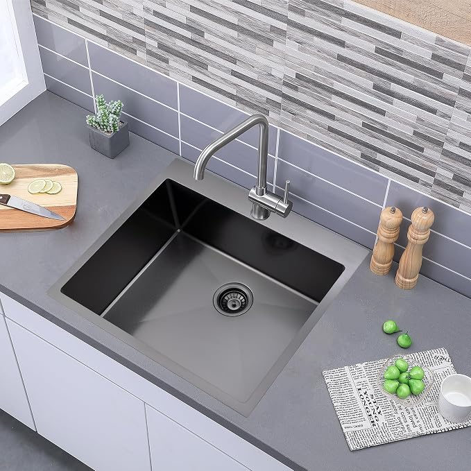 Comllen 25 x 22 Inch Drop In Black Kitchen Sink, Topmount 16 Gauge Stainless - Image 3