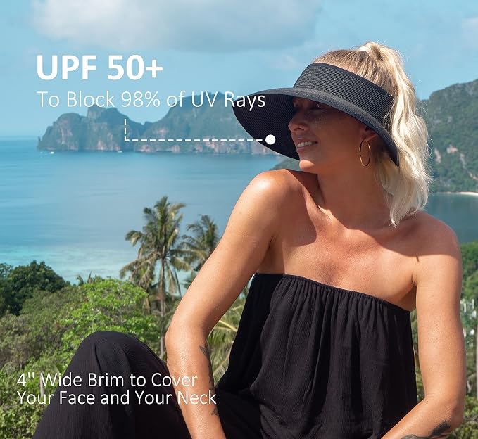 Joywant Womens Sun Visor Hats, Packable Wide Brim Ponytail Beach Hat Straw - Image 2