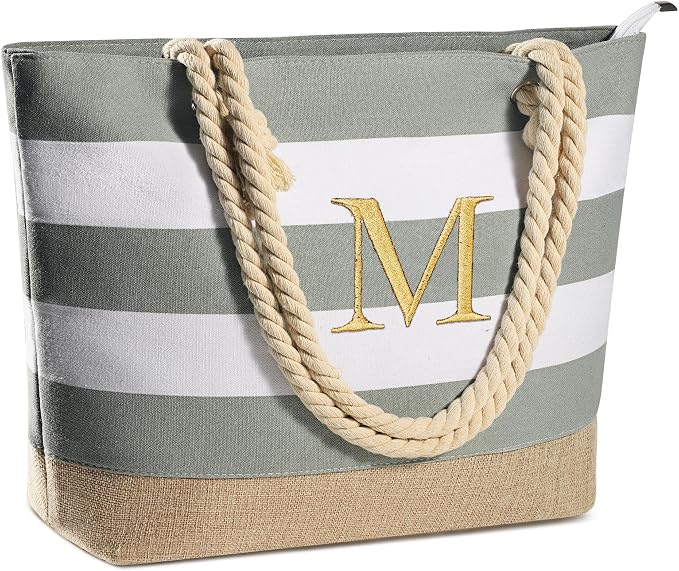 YOOLIFE Initial Canvas Waterproof Beach Tote Bag Zipper Personalized Gifts by YOOLIFE
