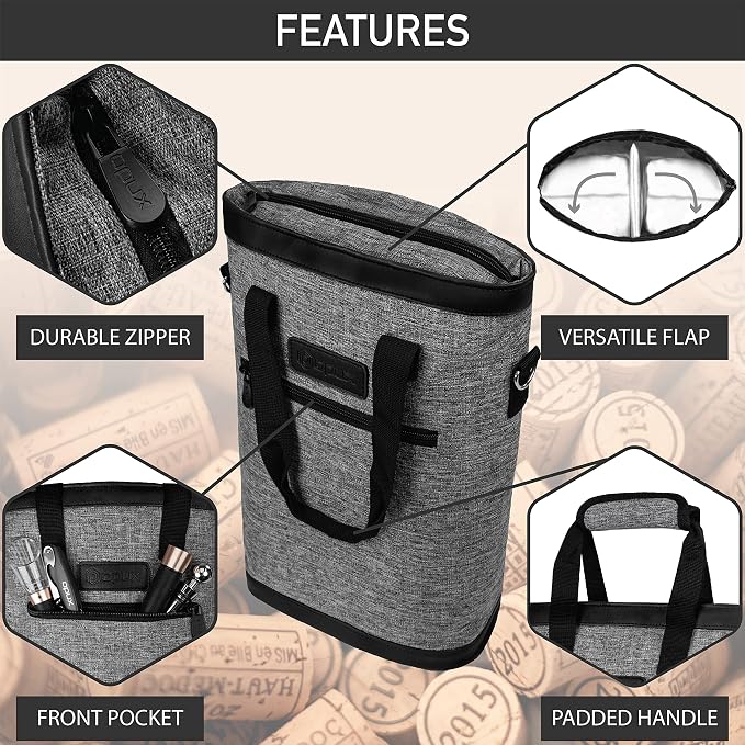opux Two Bottle Wine Bag Carrier Tote, Insulated Leakproof 2 Bottle Wine Cooler - Image 5