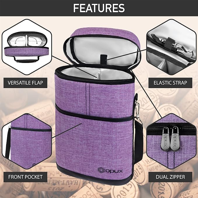 opux 2 Bottle Wine Carrier Tote, Insulated Leakproof Wine Cooler Bag, Wine - Image 4