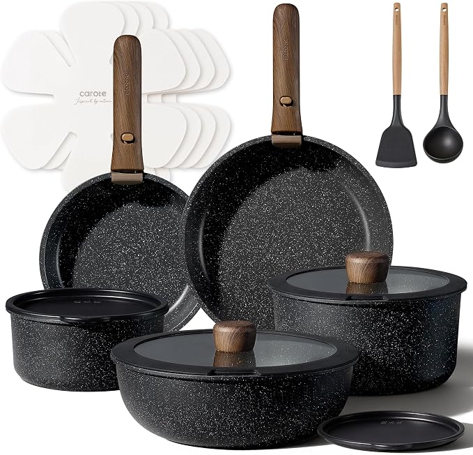CAROTE 17pcs Pots and Pans Non Stick, Cookware Sets Detachable Handle, by CAROTE